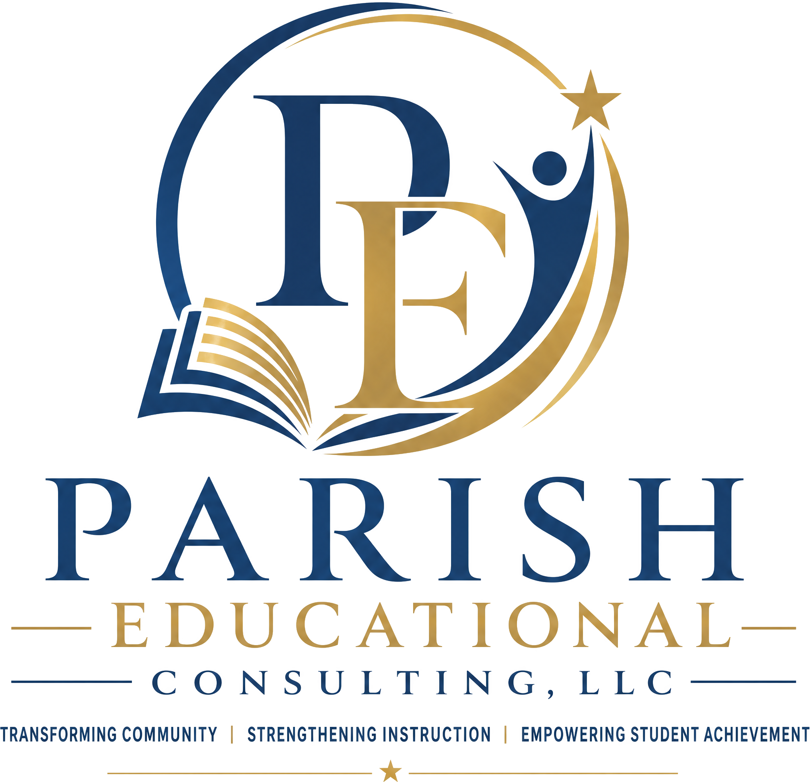 Parish Educational Consulting logo: interlocked PE monogram above an open book, with wordmark